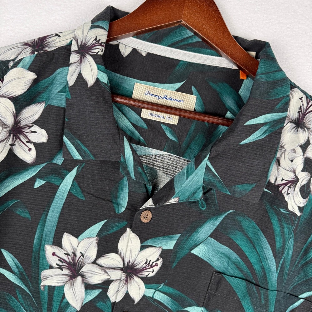 Tommy Bahama 100% Silk Hawaiian Camp Shirt Mens 3XL Black Floral Vacation